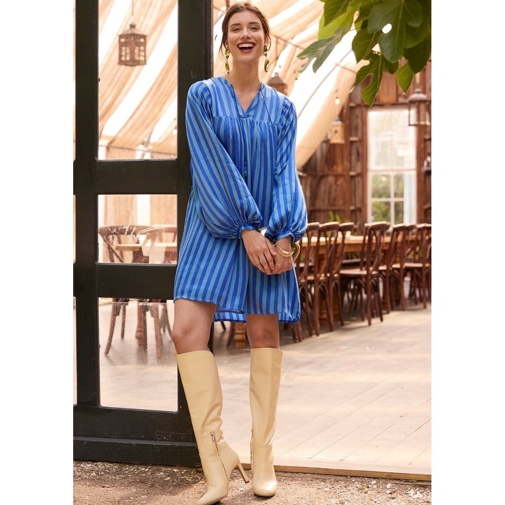 PRINTFRESH VINTAGE STRIPE ON THE SCENE Tunic Dress 2X Blue Tassel Long Sleeve